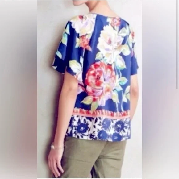 Anthropologie Floral Silk Top 2 - Picture 2 of 9